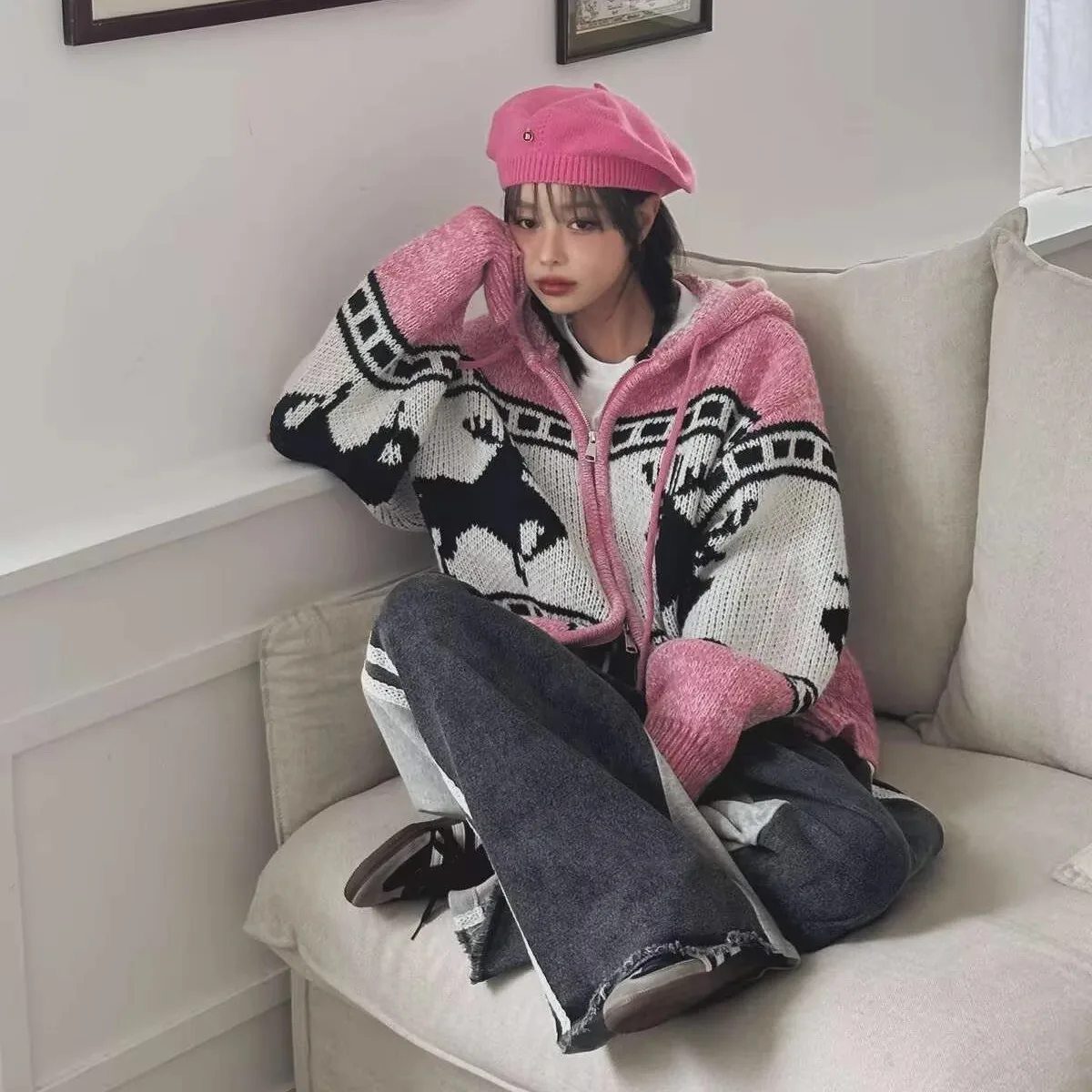 

Snowflake Deer Knitted Hooded Cardigan Women's Autumn Winter Thiened Retro Color Blo Loose Slimming Versatile Outerwear