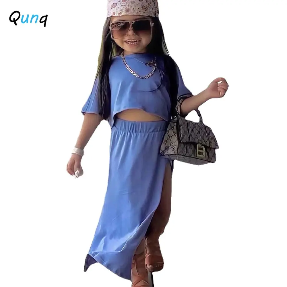 Qunq 2023 Summer INS New Girls Fashion O Neck short sleeve pullover top + Slit skirt 2 Pieces Set Casual Kids Clothes Age 3T-8T