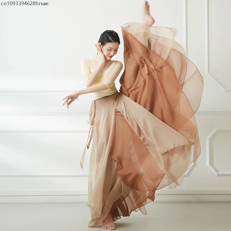 

1 Set Classical Dance Costume Dress With Fairy Tops Lady Elegant Mesh Tops Chiffon Flowing Double Layer Large Swing Skirts