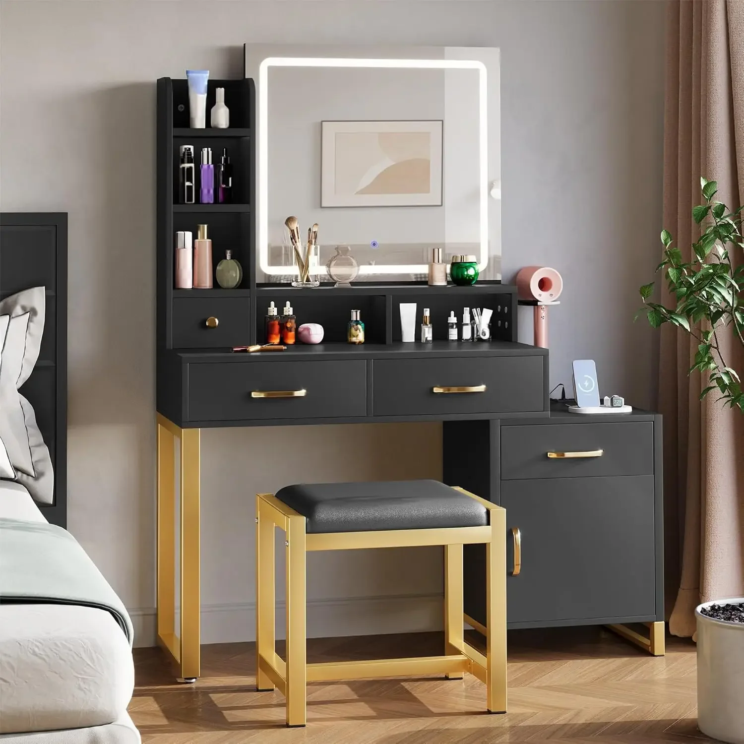 

Vanity Desk Set with LED Mirror, Adjustable Lighting, and Power Outlets, Wooden Makeup Table with Cushioned Stool