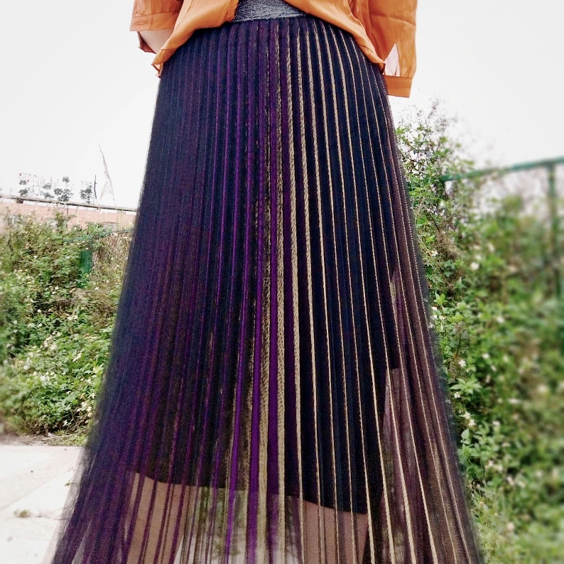 Primavera verão menina coreano elasticidade cintura alta moda gaze saia plissada longa a linha versátil personalidade chique cor saias