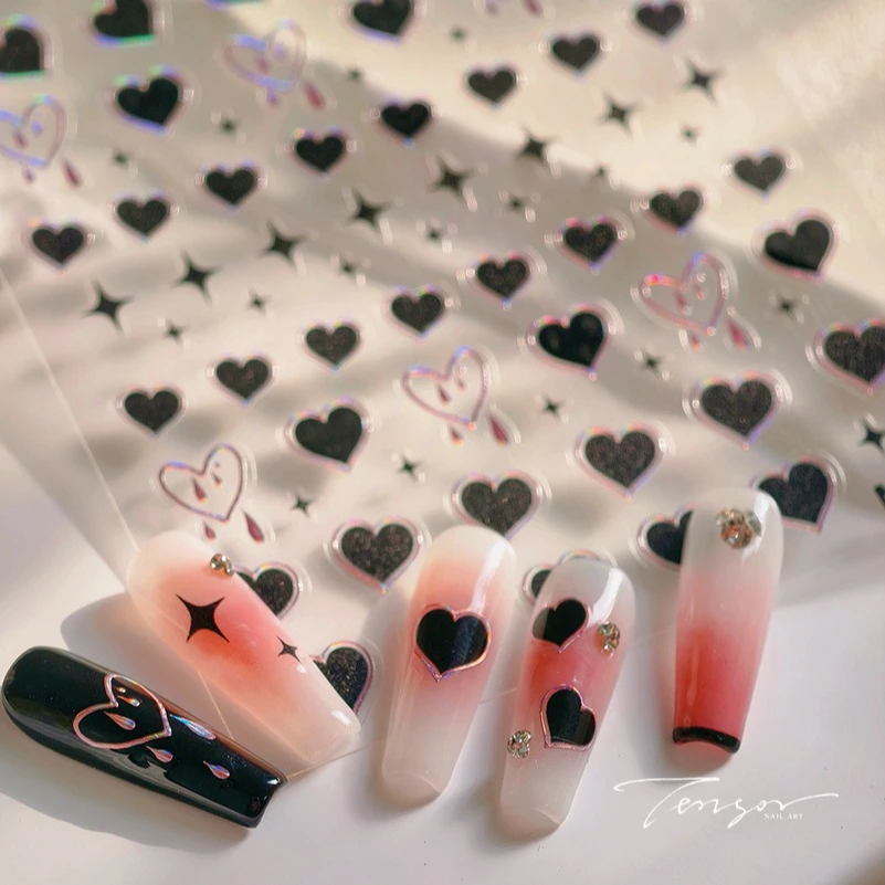 สีดํา Punk Star Heart เลเซอร์จังหวะ Dark ลมเซ็กซี่หยดน้ํากาวที่ละเอียดอ่อนตกแต่งเล็บสติ๊กเกอร์เล็บ Decals