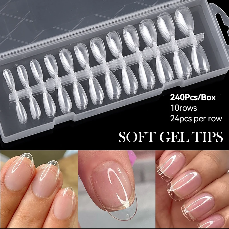 KOSKOE 240Pcs/Box Transparent  Press On False Nails Full Cover UV Gel Nail Soft Gel Tips Oval Coffin For Extension Manicure Tool