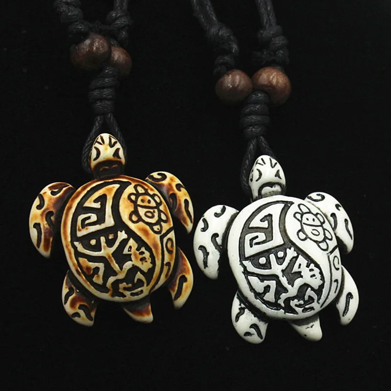 Surfer Necklace Sea Turtle Pendant Men Choker Inca Jewelry Imitation Yak Bone Carved Yin Yang Coqui Taino Sun Cotton Necklaces