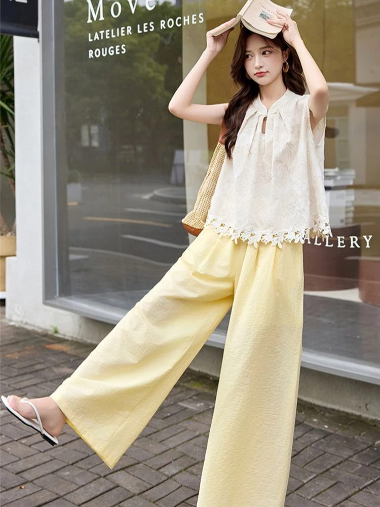 Women Summer Sleeveless Set New Chinese Style Wide Leg Pants Two Piece Outfit 2026 New Arrival Casual Youthful Look