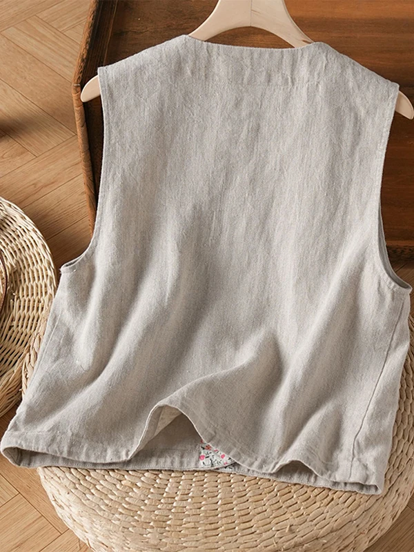 Gilet di lino retrò da donna Estate 2025 Strati larghi Sensazione di fascia alta Capispalla Personali Bottone superiore rotondo Ne Bottone singolo