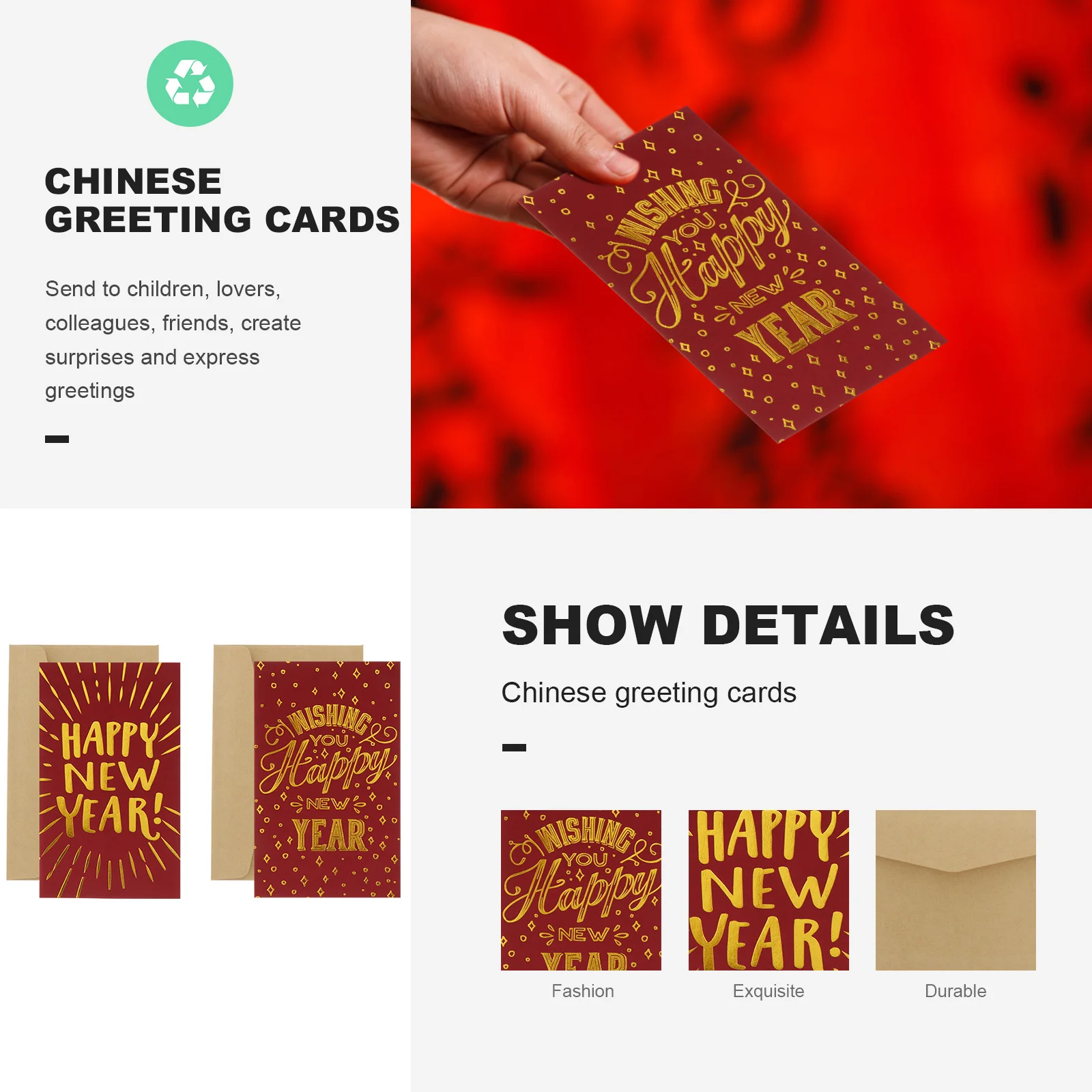 

10Pcs Chinese New Year Greeting Cards Eco-Friendly Paper Golden Bronzing Letter Spring Festival Wishes Cards Perfect Gift