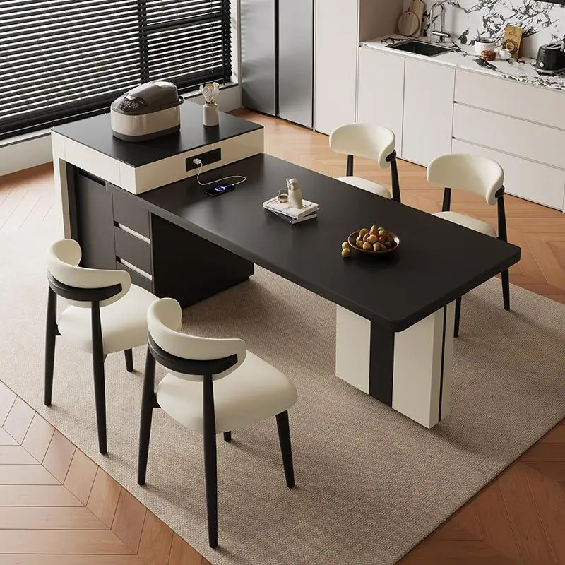 

All solid wood island dining table household small apartment integrated modern simple retractable rock slab island dining table