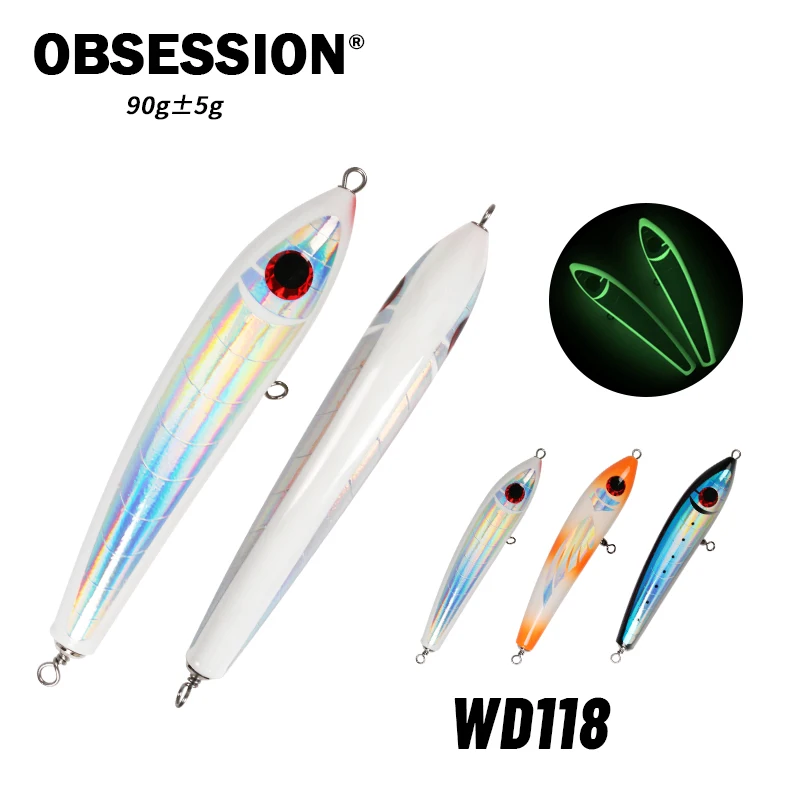 OBSESSION WD118 90g 23cm Saltwater Wood Floating Pencil Stickbait Fishing Lure Luminous Heavy Popping GT BluefinTuna Wooden Bait