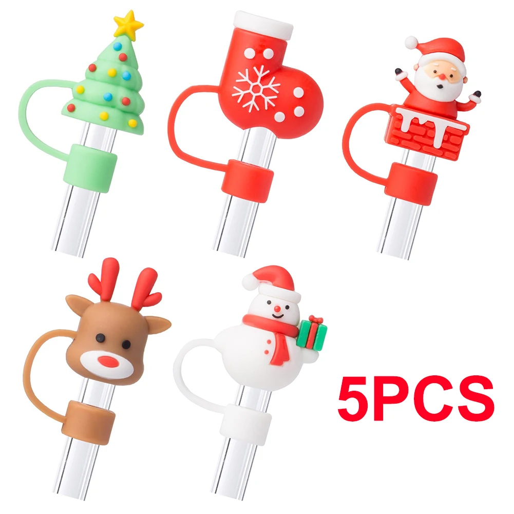 5Pcs Christmas Straw Topper Dust-Proof Christmas Cup Straw Covers Christmas Straw Caps for Stanley 30/40oz Tumbler with Handle