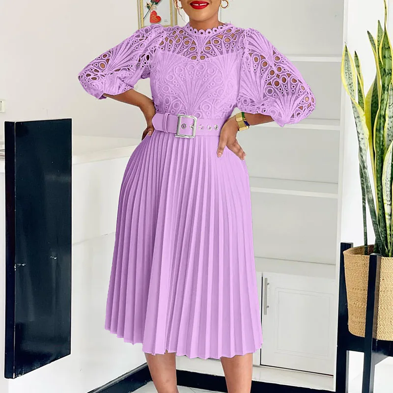 Seksowna Sukienka na Bal Urodzinowy dla Celebrytek z Bufiastymi Rękawami i Dekoltem O, Elegancka Sukienka Koronkowa z Kwiatowym Wzorem na Imprezę, do Klubu, na Noc, z Plisami i Ażurowymi Wstawkami