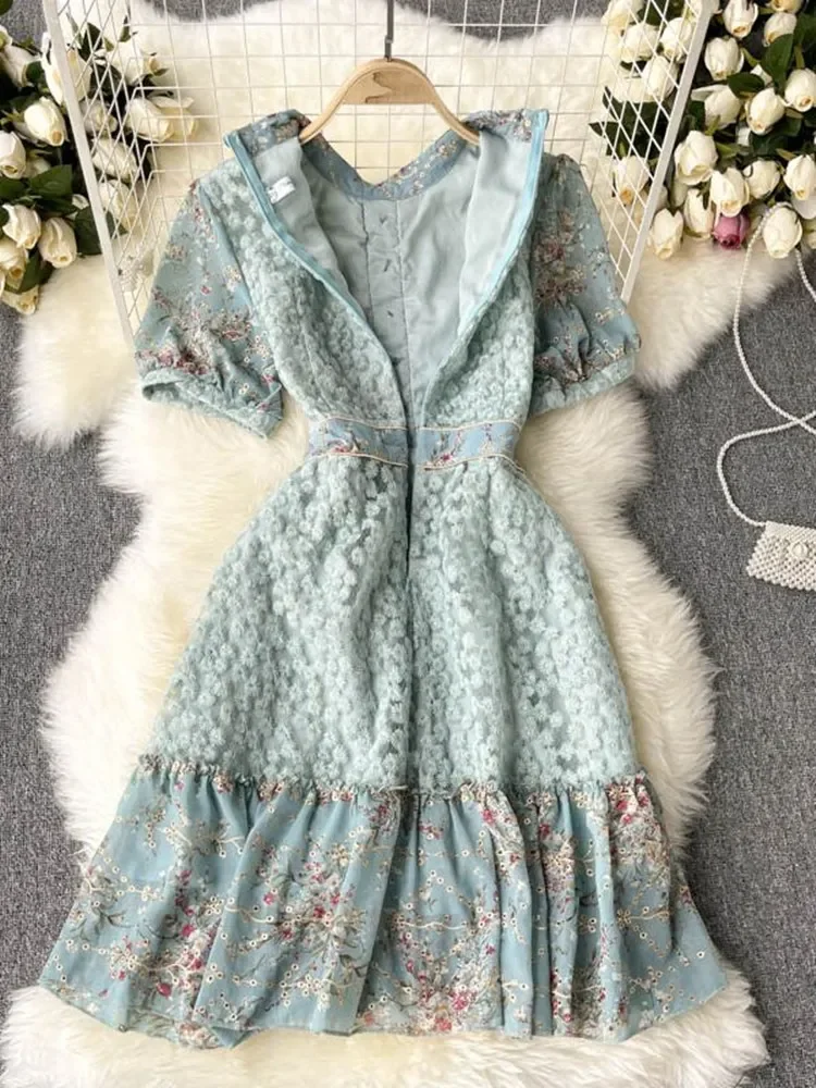 

New Summer French Sweet Girls Peter Pan Collar Puff Sleeve Flower Embroidered Mesh Patchowrk Printed Chiffon Ruffles Dresses