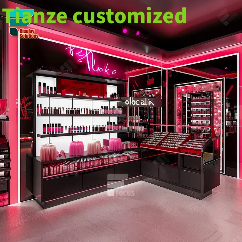 Customized-Led Cosmetic Retail Display Perfume Counter Display Wig Wall Display Pink Beauty Shop