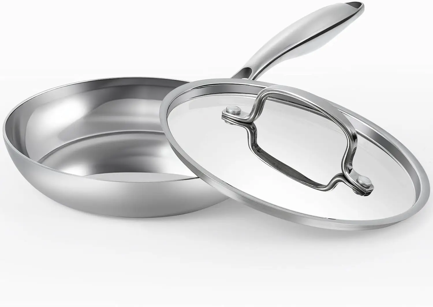 

Stainless steel frying pan with non-stick coating, triple-layer composite base, and stainless steel lid.