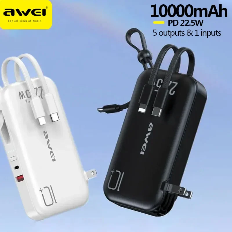 

Awei P189K 5 in 1 Portable Power Bank 10000mAh With Plug for iOS & Android Powerbank PD22.5W Fast Charger External Spare Battery