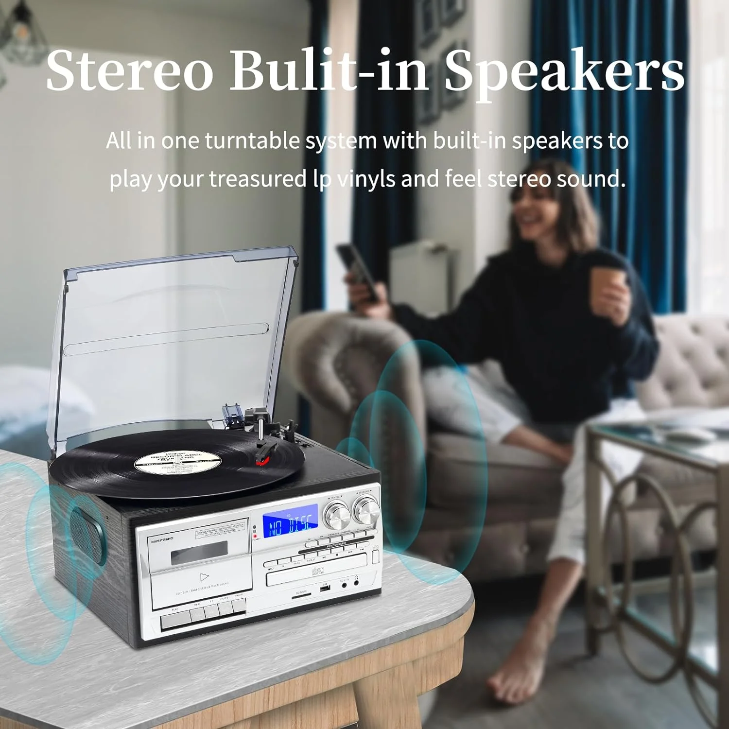 

with Record Player CD Cassette FM/AM Radio Versatile Multifunctional Vintage Phonograph 3 Speed Adjustable Vinyl Record Player