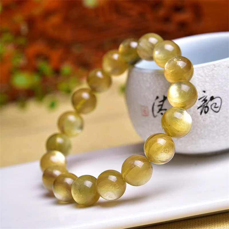 Natural Yellow Lepidolite Mica Bracelet Women Crystal Yoga Reiki Healing Stretch Bangles Female Gift 1PCS 11/12/13.5MM