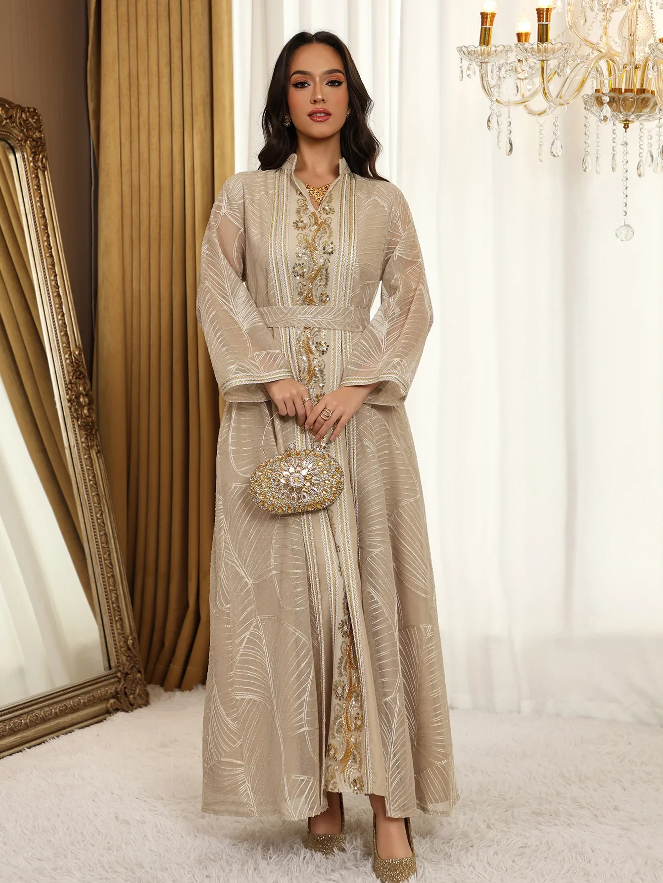 فستان نسائي شبكي مزين بالترتر عباية أنيقة لحفلات العيد فساتين مطرزة رائعة برباط علوي جلابية إسلامية فيستدوس لارجوس رداء 2025 #5