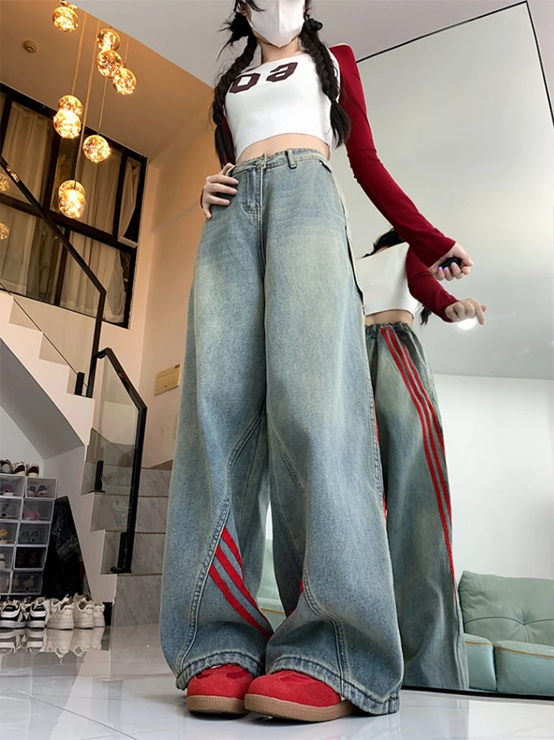 Retro Y2k Blue Striped Wide Leg Pants Oversized High-waisted Jeans Women Y2k Street Aesthetic Popular Straight Baggy Pant