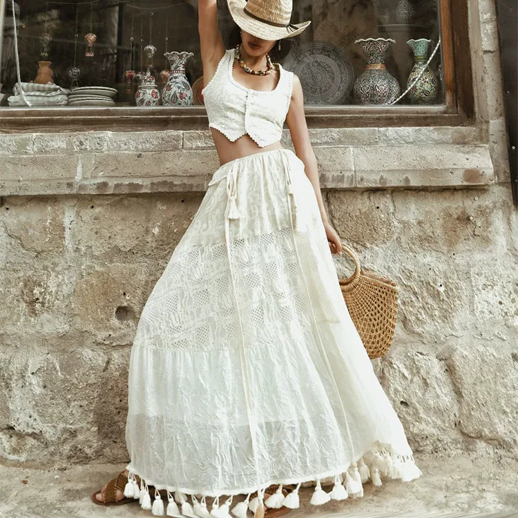 62-84cmWaist SpringSummer Long Maxi Skirts Women Elegant Tassel Lace Patchwork Two Ways To Wear Beach Skirt Bohemia HolidaySkirt