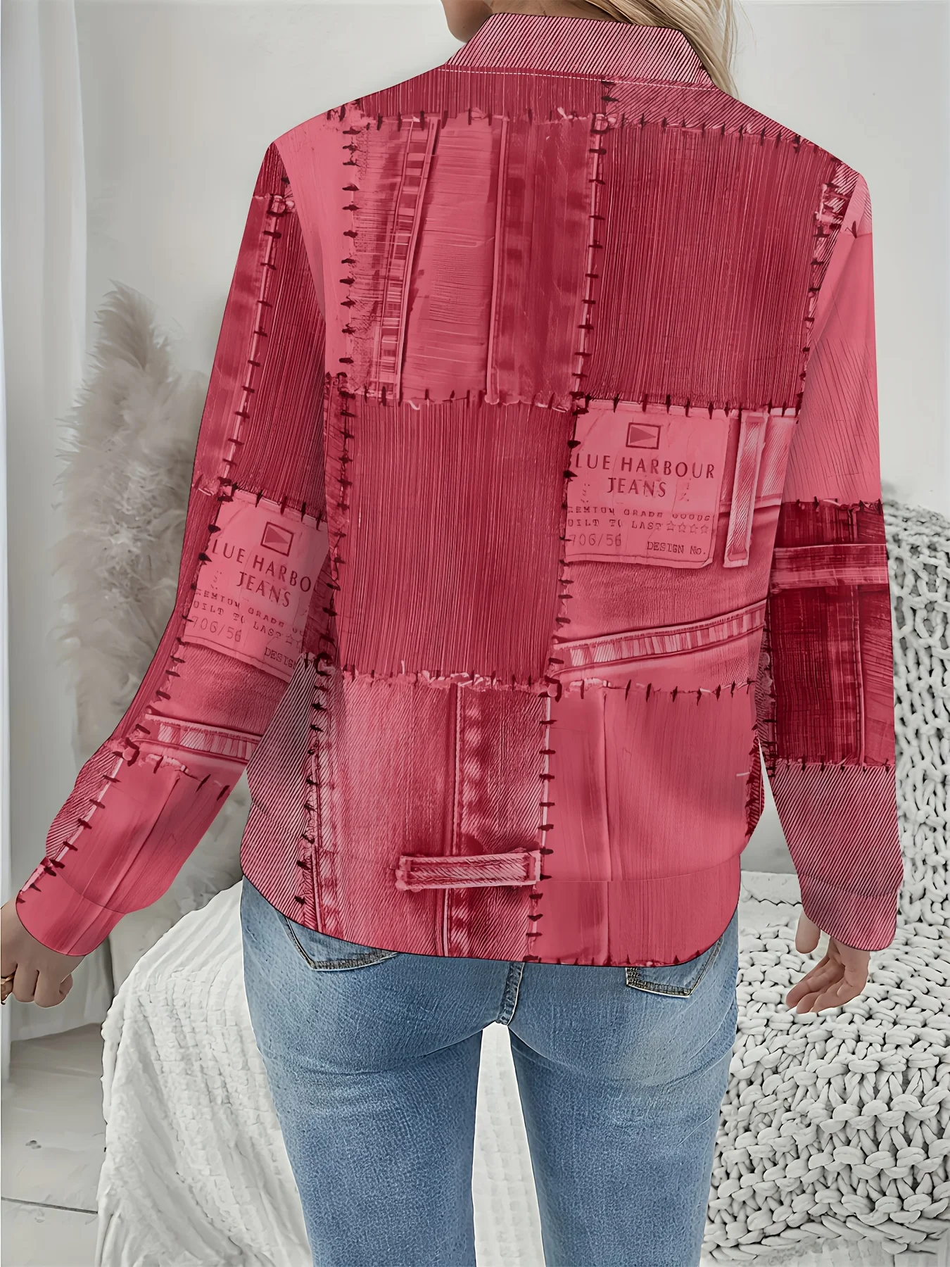 2025 Fashion Women's Faux Denim Jacket, Elegant Patchwork Print, Casual Party Wear, Vintage Inspired Design Not Denim