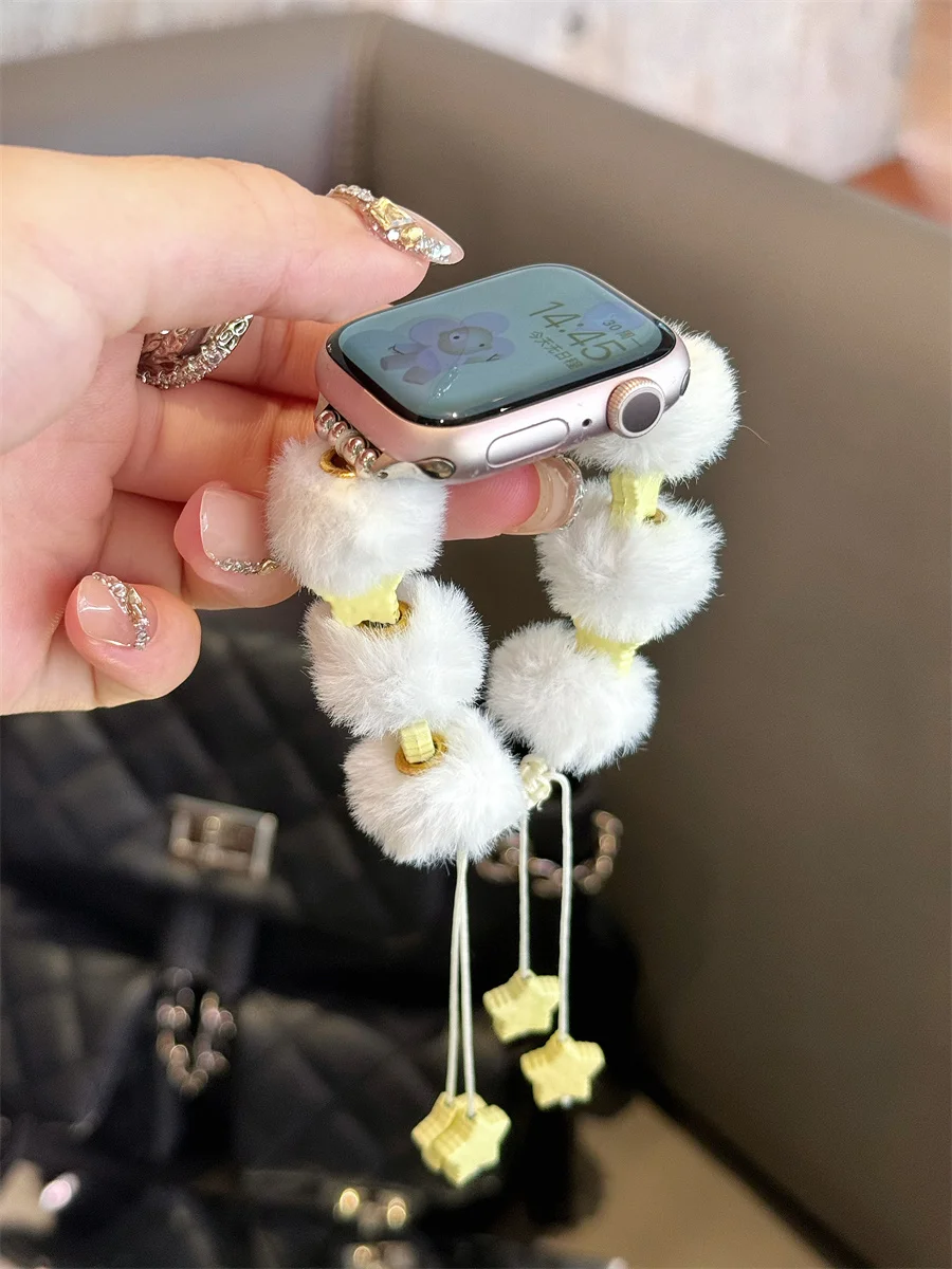 Winter Fluffy Ball Bracelet Strap for Apple Watch Band 40/44 41/45 Ladies Correa for iWatchS10 42/46mm 49Ultra 9 8 7 6 5 4 38/42