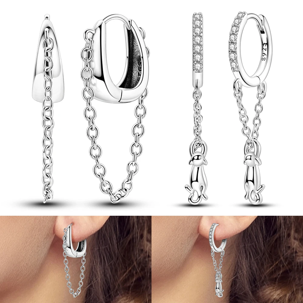 Punk Style 925 Sterling Silver Droplets With Falling Chains&Tassel Cat Earrings Neutral Jewelry Accessories