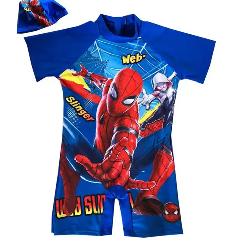 Baby Boys One Piece Swimsuit Hats 2 Pcs Set Swimwear Cartoon Spiderman Suit Boys Captain America Kids Girl Sport Baby Beachwear