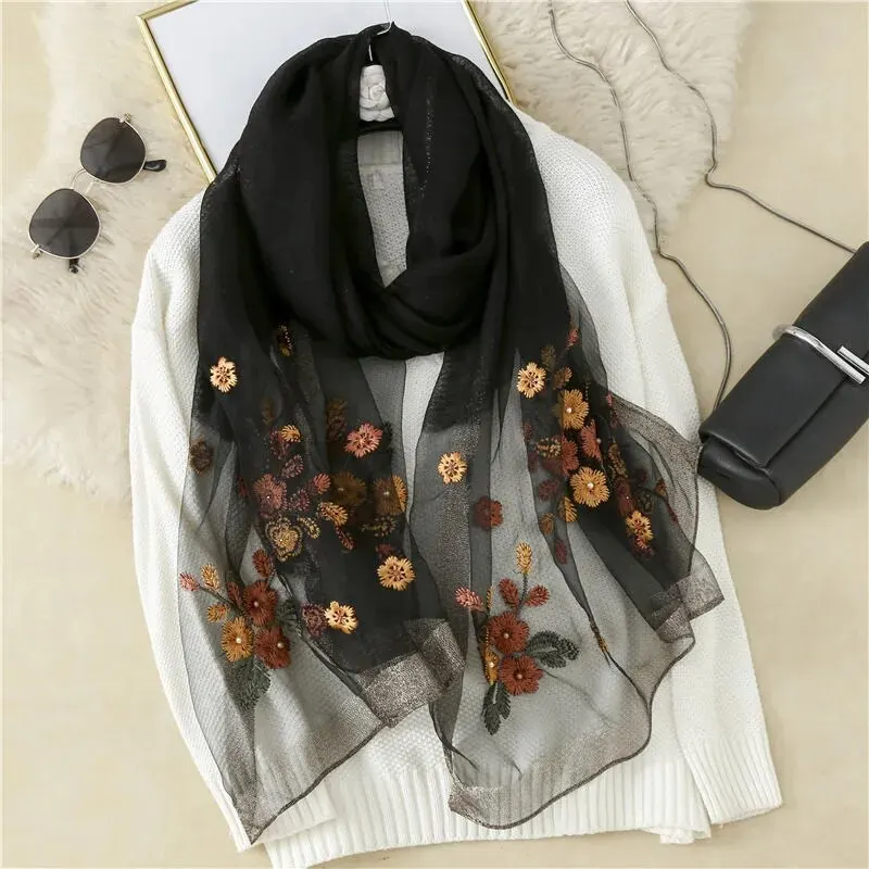 Fashion Organza Silk Scarf With Embroidered Shawl Women Pearl Hijab Elegant Long Scarves Summer Solid Color Headscarf 180*70cm