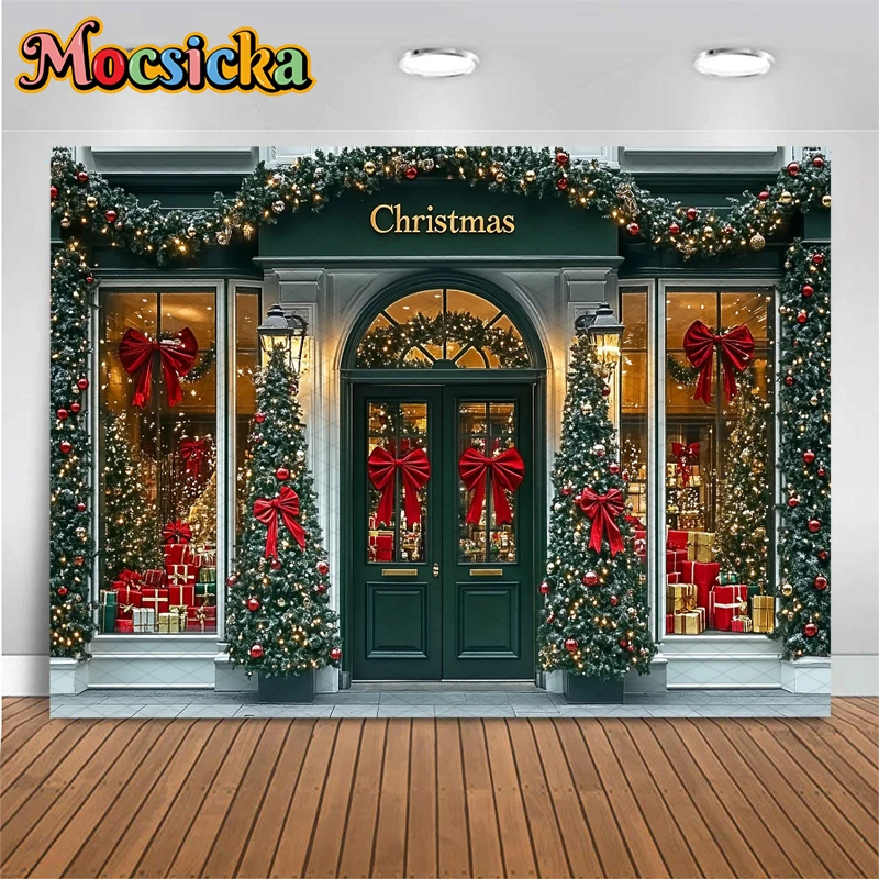 Mocsicka Christmas Photography Background Xmas Tree Snow House Shop Bow Gifts Decorations Children Family Party Backdrops Banner