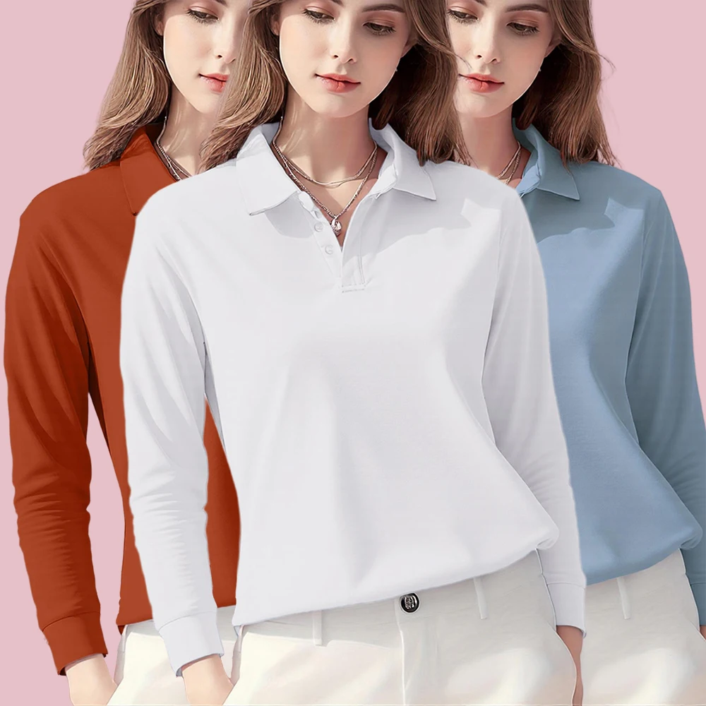 Woman Autumn Business Solid Color Polo Shirts Womens Y2K Street Fashion Long Sleeves Comfortable Casual T-Shirt Lapel Sportswear