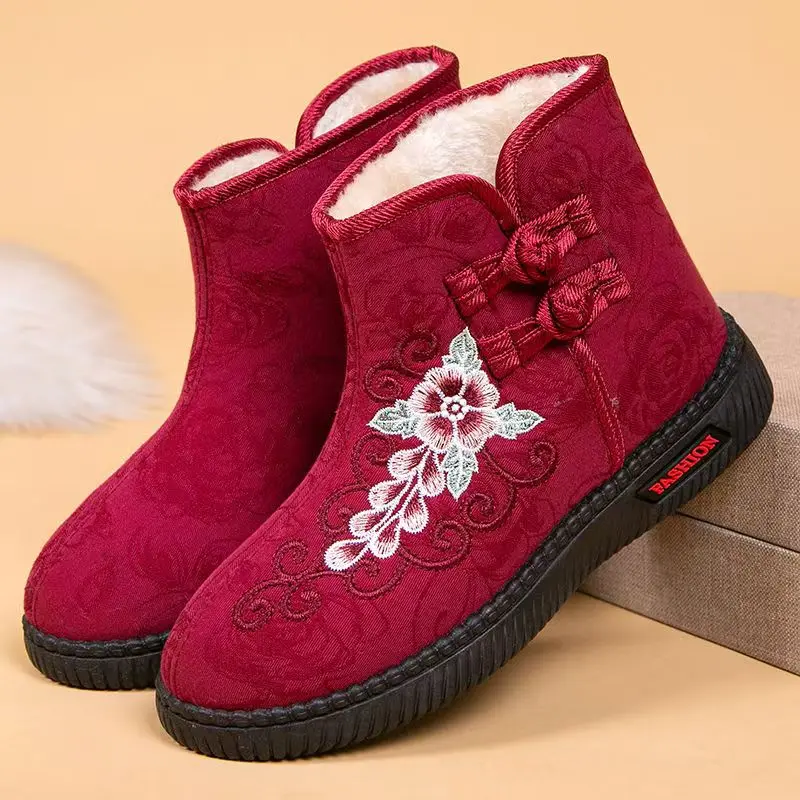 

Women Winter New High Top Embroidered Snow Boots Flat Sole Round Toe Ethnic Style Plush Warm Slip On Light Elderly Cotton Boots