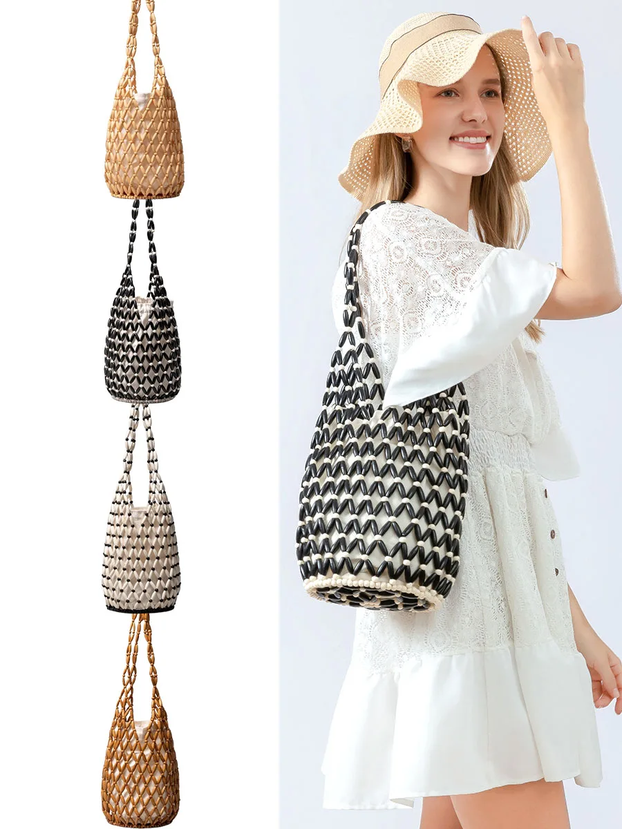 

Женская тканая ручная сумка, летний дизайн, ажурная деревянная сумка-тоут с бусинами, сумка через плечо, женская сетчатая парусиновая пляжная сумка