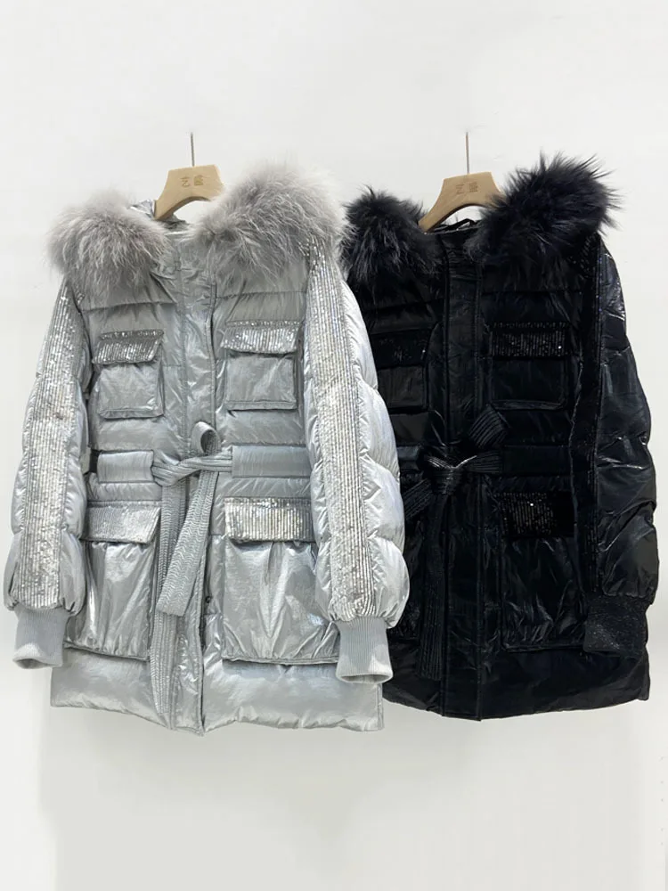 New Winter Women Sequined White Duck Down Coat Real Raccoon Fur Collar Female Bright Short Puffer Jackets Thickened Outwear 2023