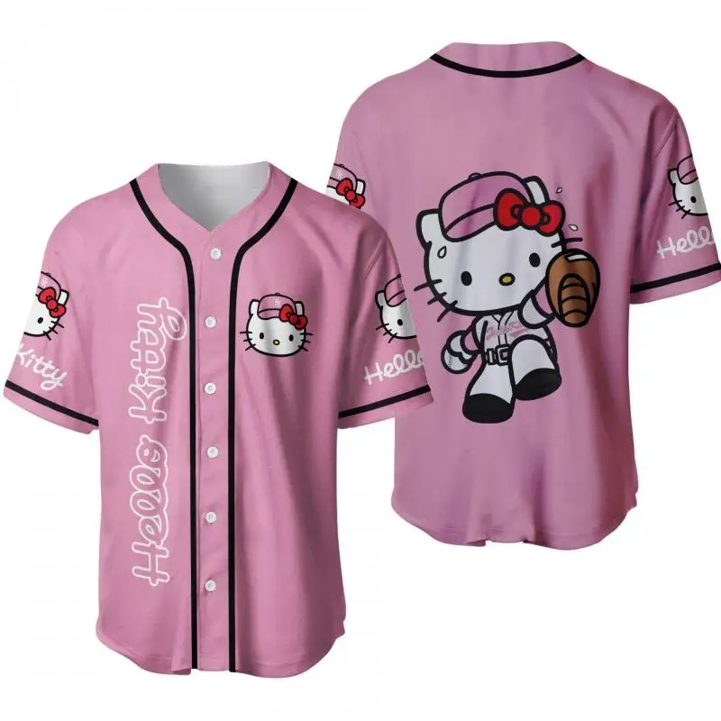 Sports series uniforms, famous Hello Kitty 3D printing, fashionable and cute short-sleeved jerseys, round neck button cardigans,