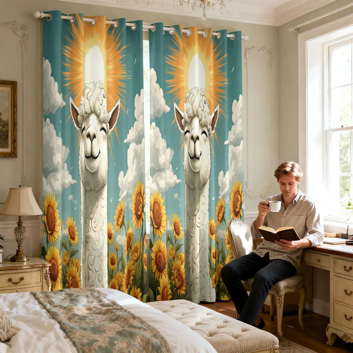 Warm Sun Alpaca Sunflower Ocean Floral Print Single Panel Loop Top Curtain 1PC, Hanging Door Curtain For Living Room Bedroom, view 5