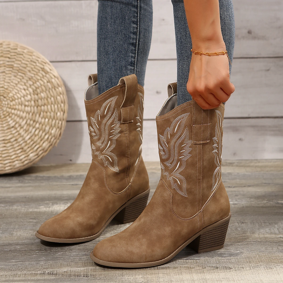 Shoes for Women New Embroidered Western Cowboy Boots Women Autumn Pointed Toe Thick Heel High Knee Boots Woman Botas De Mujer - Image 2