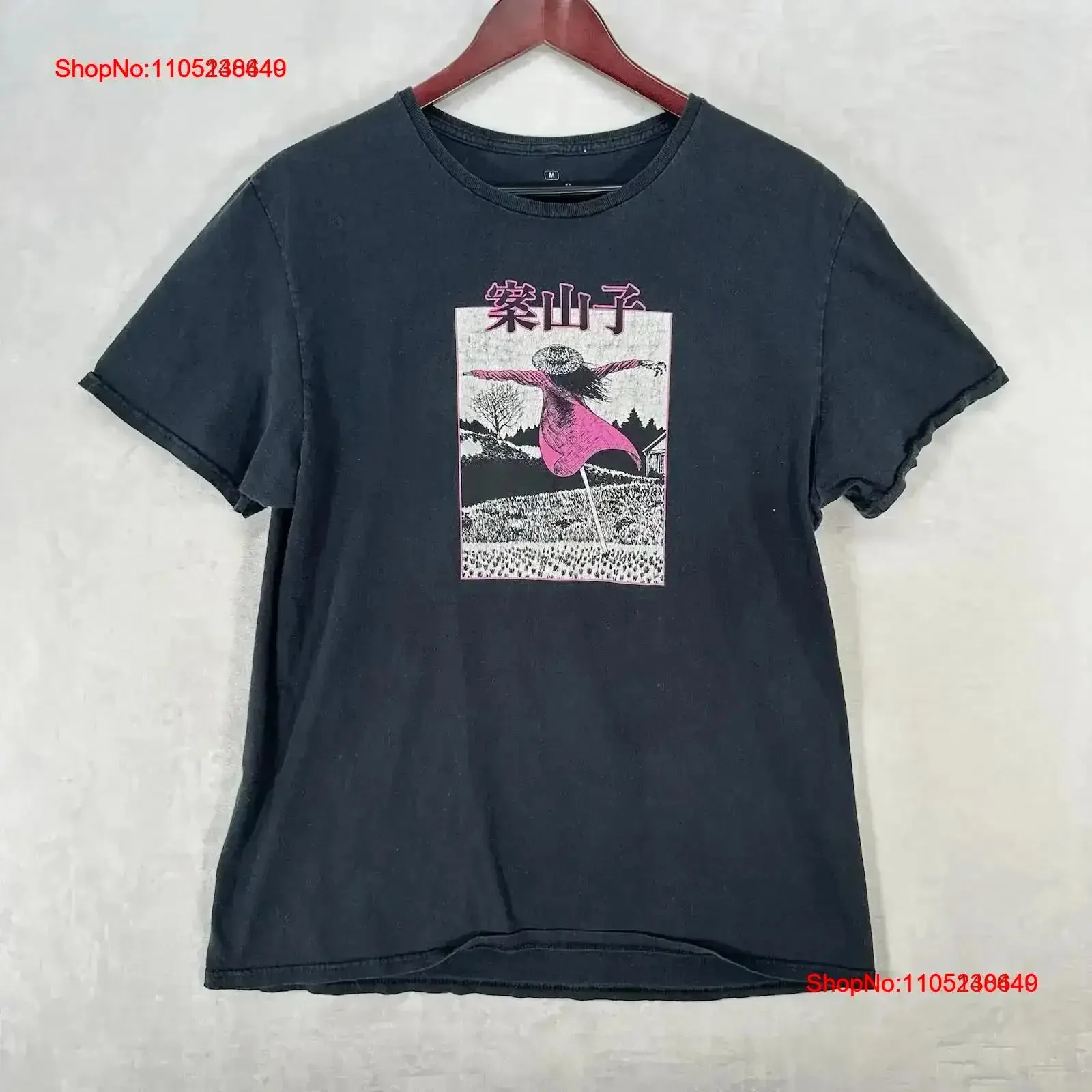 Junji Ito camiseta para hombre M espantapájaros negro cuello redondo Crunchyroll Anime descolorido vintage lavado moda ropa de diseñador gráfico