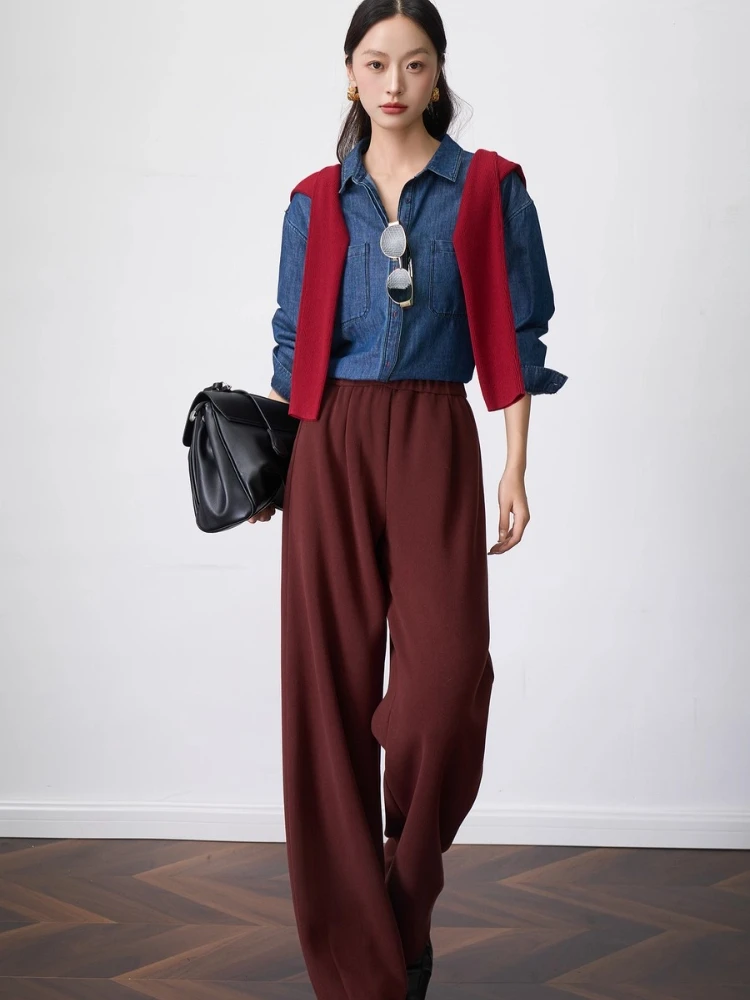 

OLrain Vintage Straight Pants Women Autumn 2025 New Solid Knitted Pants Elastic Waist Loose Long Trousers Female O57QK001612