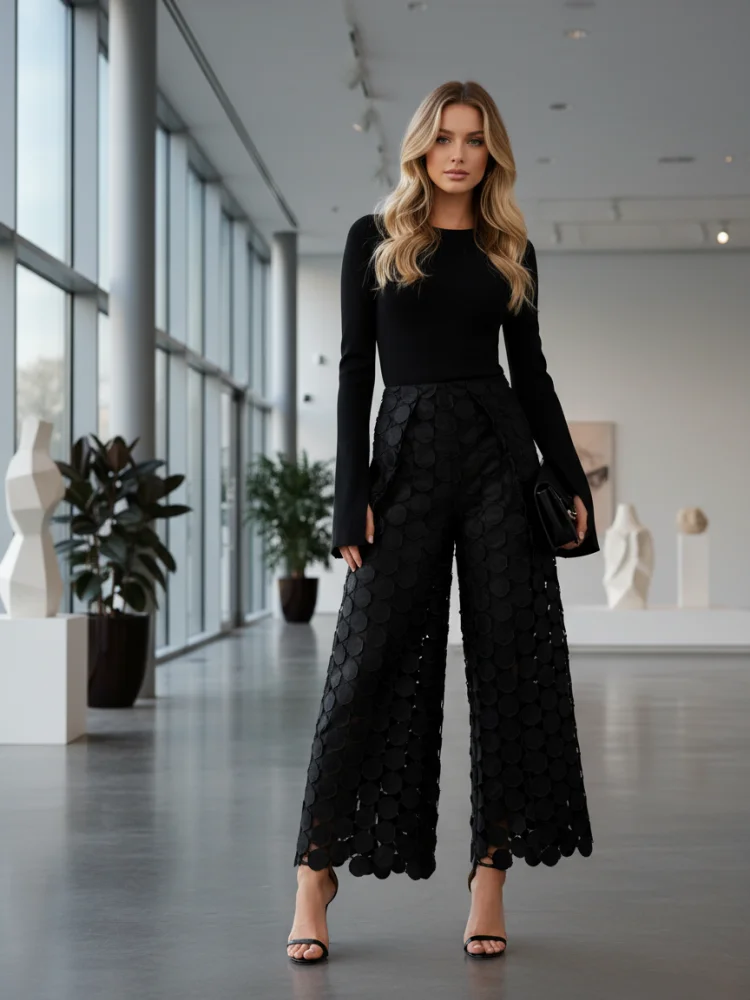 Bonboho Women\'s Solid Color High Waist Straight Pants Polka Dot Hollowed Loose Fit Streetwear Trousers Casual Commuter Bottoms