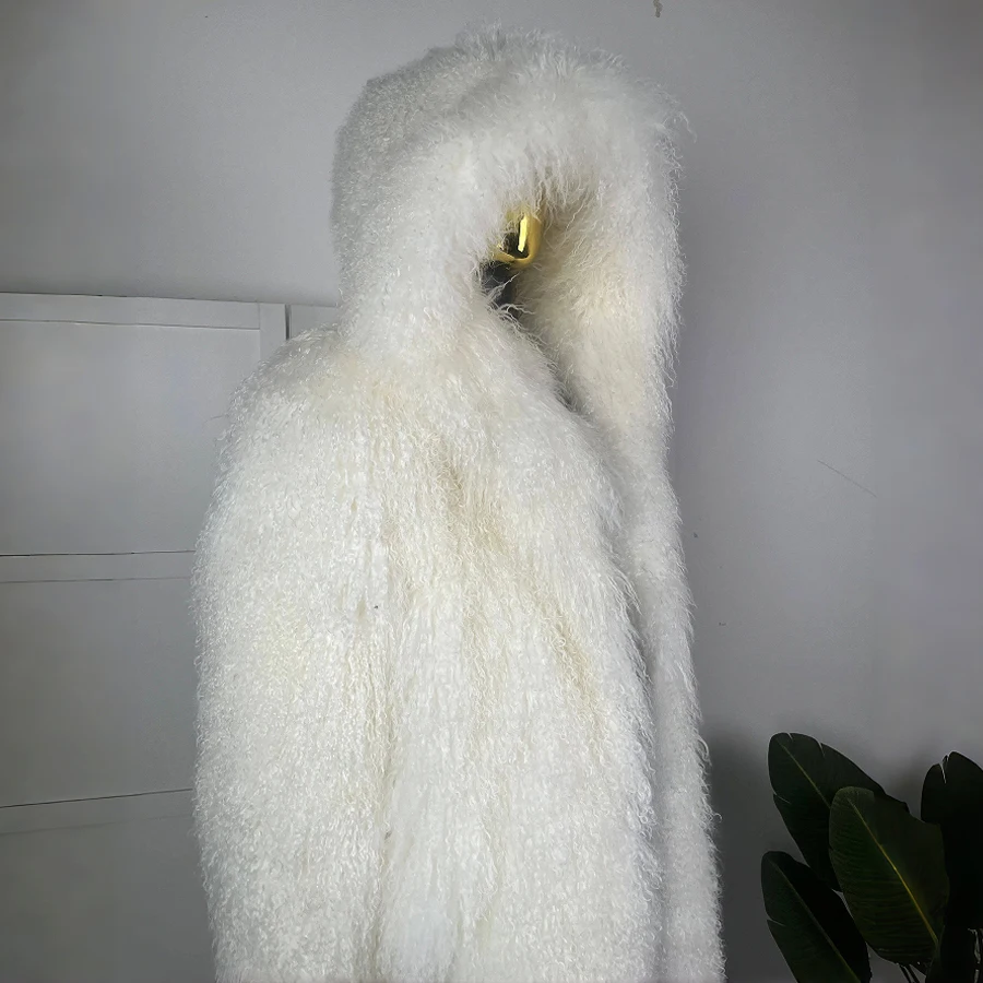 White Mongolian Fur Coat With Shawl Hood Floor Length Natural Sheepskin Jacket Real Fur Coat Fashionable Men's Winter Jacket