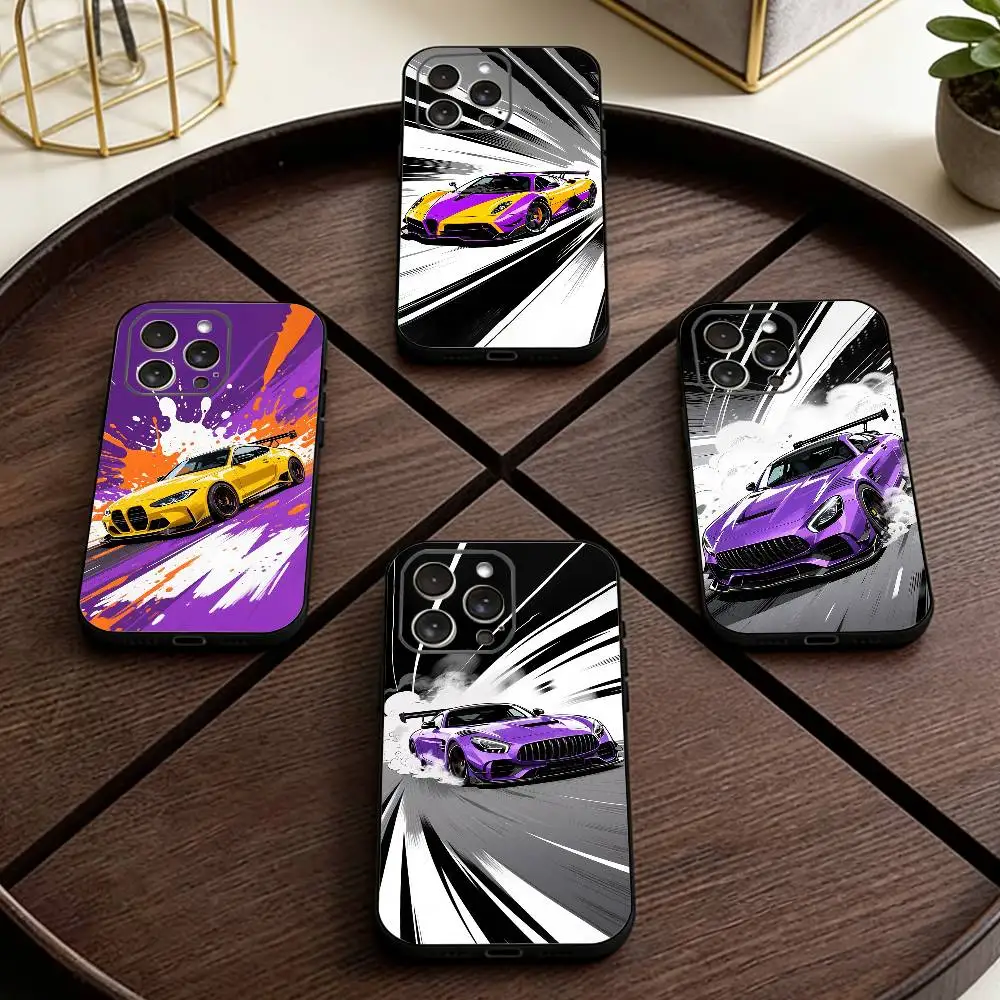 

Manga-Style Sports Car Phone Case For iPhone 17,16,15,14,13,12,11 Plus,Pro Max,XS,Soft Silicone Black Cover