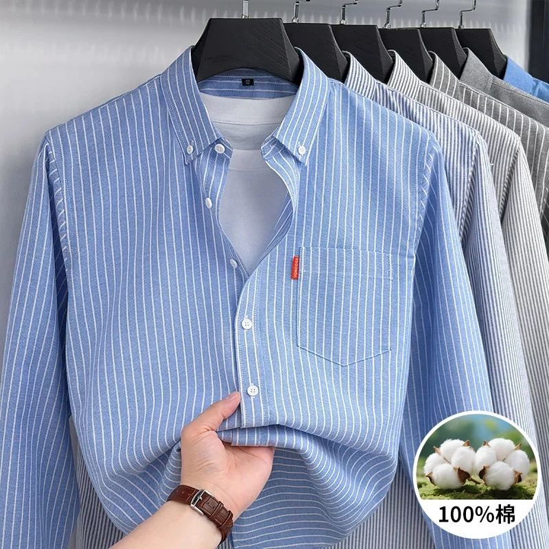 New 100% Cotton Oxford Men Shirts Long Sleeves Plaid Soft Regular Fit Formal Dress Shirt Pocket Social Blouse Male Clothes