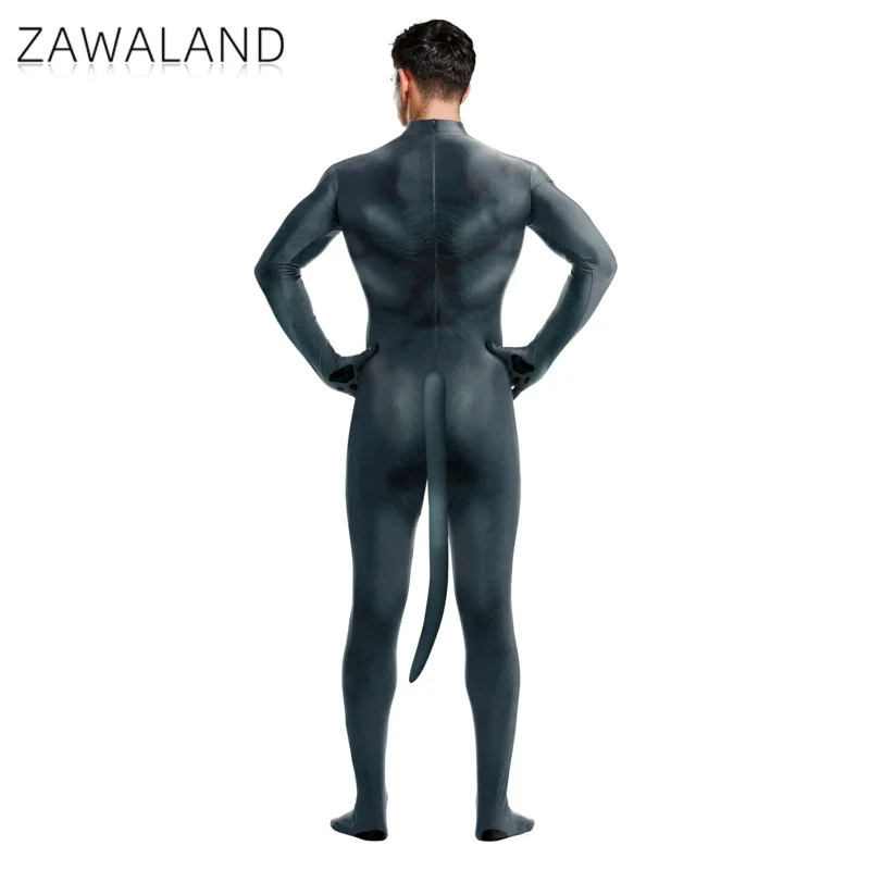 Zawaland Halloween kostium zwierzęcy z ogonem Cosplay Petsuit dla człowieka Zip krocza karnawałowy kombinezon wakacyjny Zentai body strój