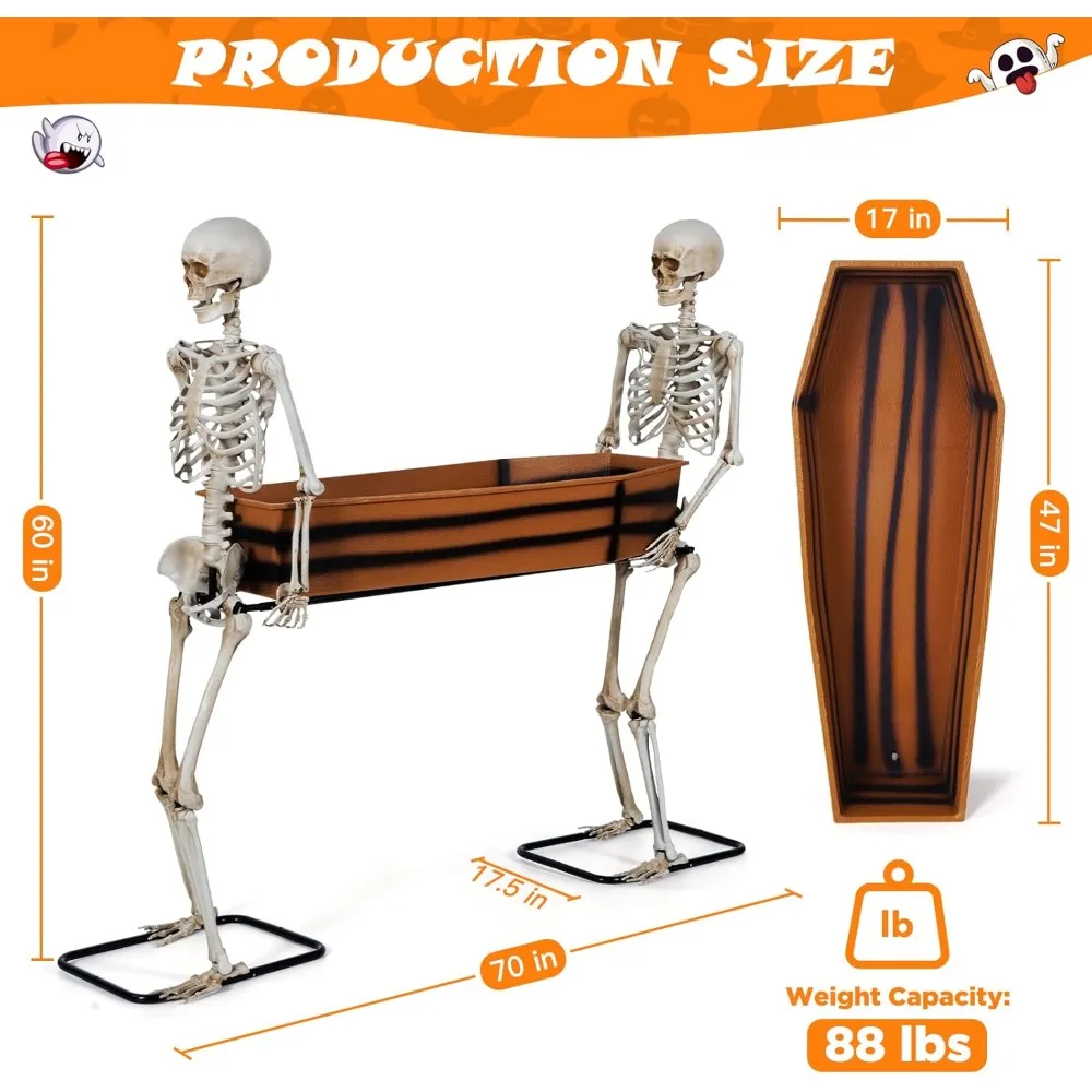 Esqueleto realista de 5 pies de altura con ataúd Decoración al aire libre de Halloween: duradero para años de uso
