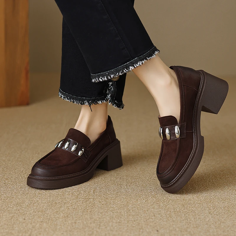 

New Autumn Simple Thick-soled High Heels Thick Heels Metal Decoration Solid Color Round Toe Slip-on Deep-mouth Women's Loafers