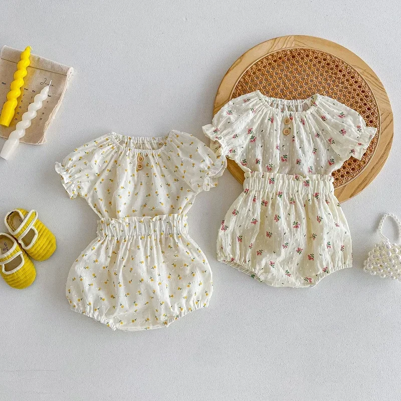 

2024 Summer Baby Girl Clothes Set 0-3Years Newborn Kids Short Sleeve Flower T-shirt Tops+Bloomers Shorts 2PCS Cotton Outfits