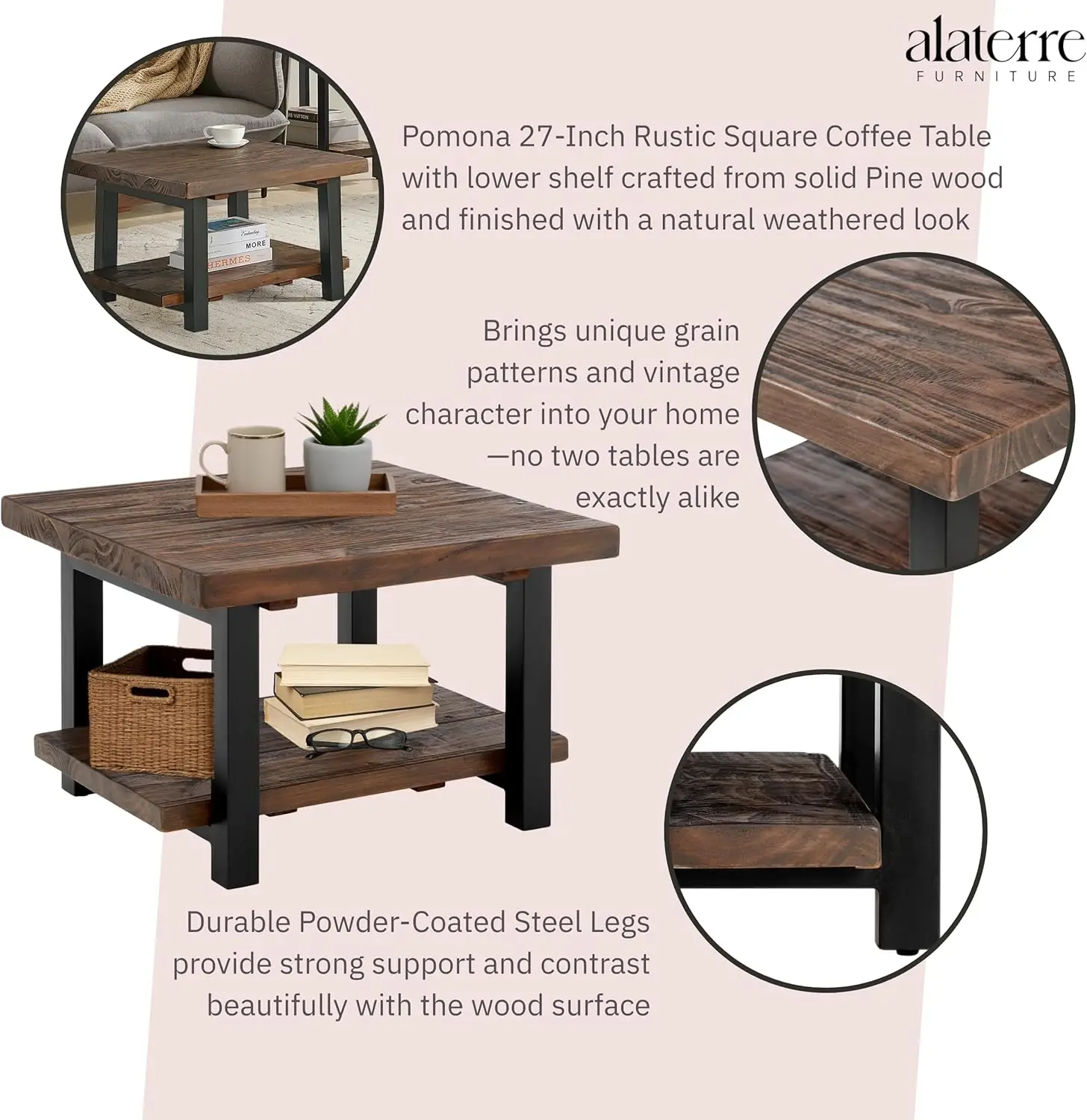 27" Rustic Square Coffee Table - Solid Pine Wood with Natural Weathered Finish & Industrial Metal Legs