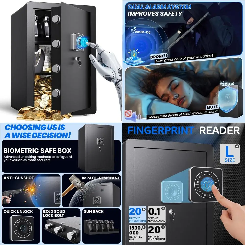 

«Биометрический замок с отпечатками пальцев, домашний сейф — 3,4 кубических фута, огнестойкий и водостойкий, с бесшумными функциями защиты от кражи и двумя сигнализаторами».