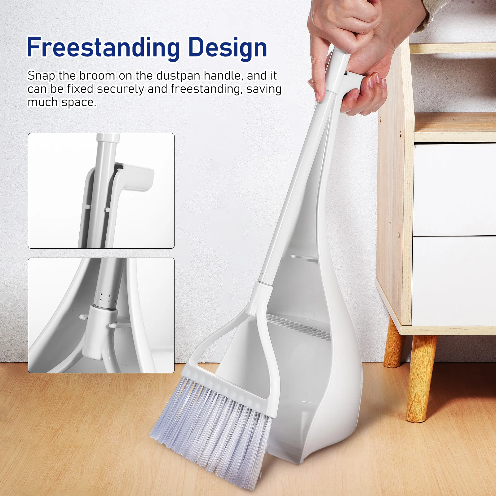 

1Set Small Broom Dustpan Set Proper Height Comfortable Handle Snap Fix Storage Space Saving Broom for Kitchen Bedroom Car Use